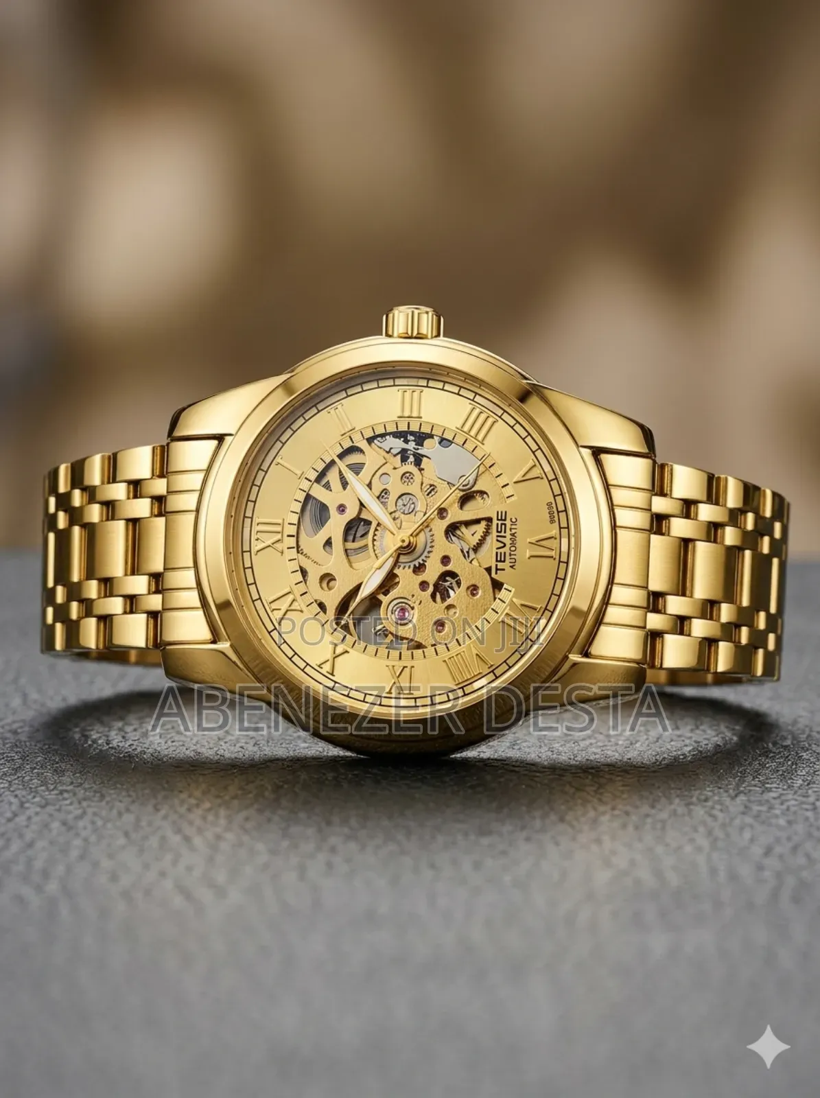 Golden Tevise Automatic Skeleton Mechanical Watch.