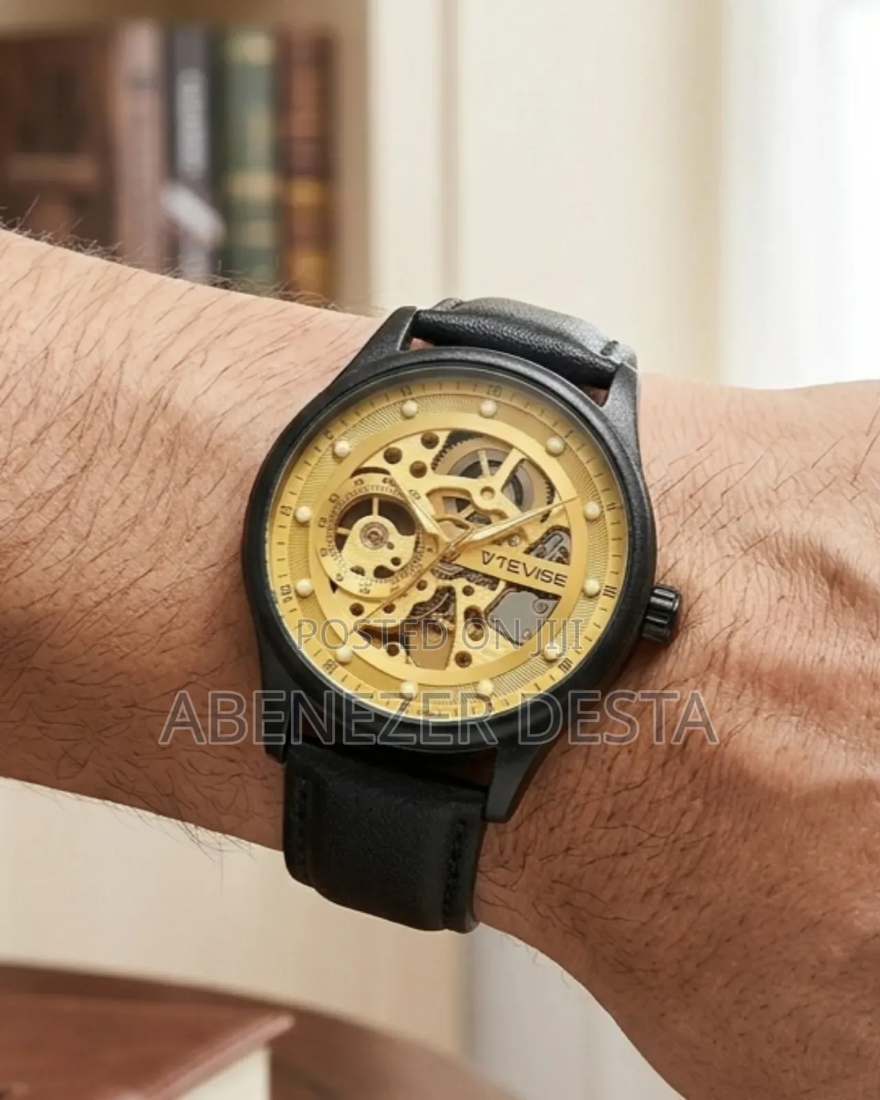 Black and Gold Tevise Automatic Watch, a Skeleton-Style Mechanical