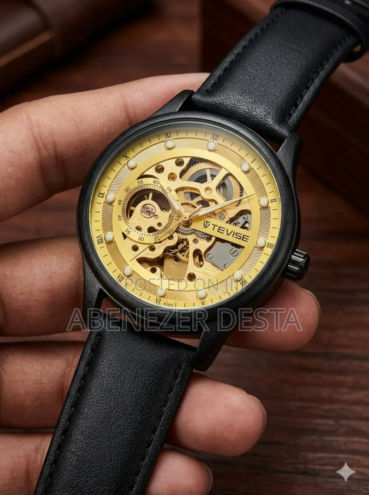 Black and Gold Tevise Automatic Watch, a Skeleton-Style Mechanical