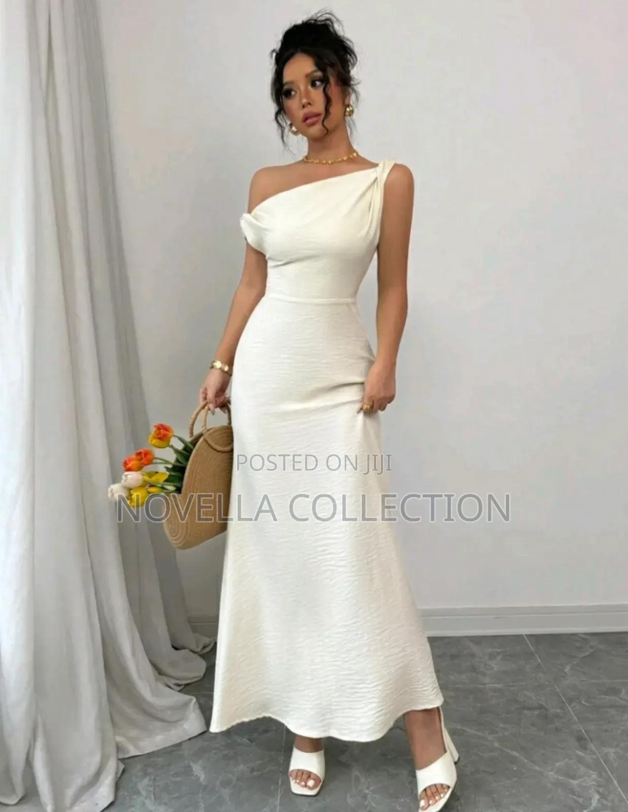 Elegant French Style Oblique Shoulder Ruffle Waist Slim Dress