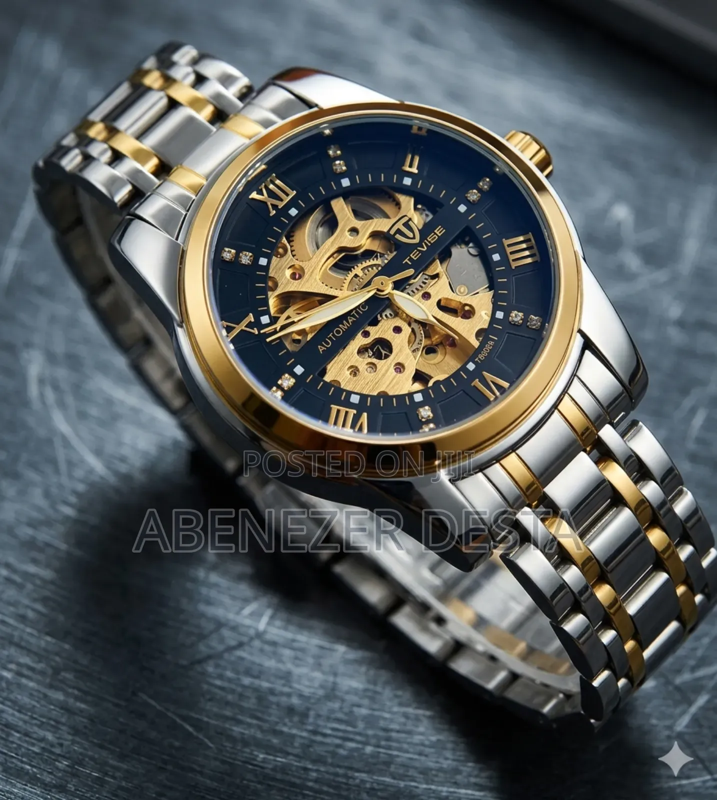 Tevise T9005 Series Automatic Skeleton Wristwatch,Featuring A Two-tone