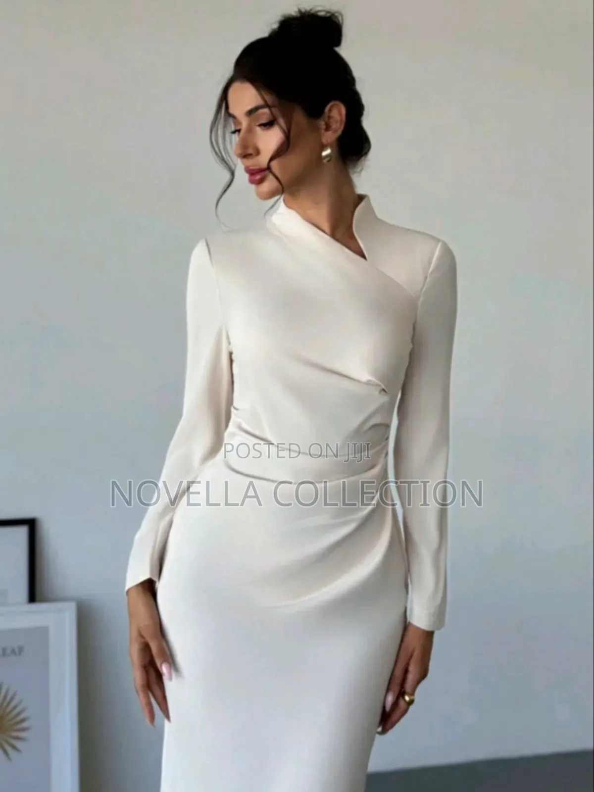 Asymmetric Collar Long Sleeve Elegant Dress,White Graduation Dress