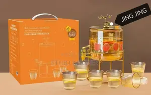 Glass Dispenser Jar With Bamboo Stand And 6 Drinking Glasses