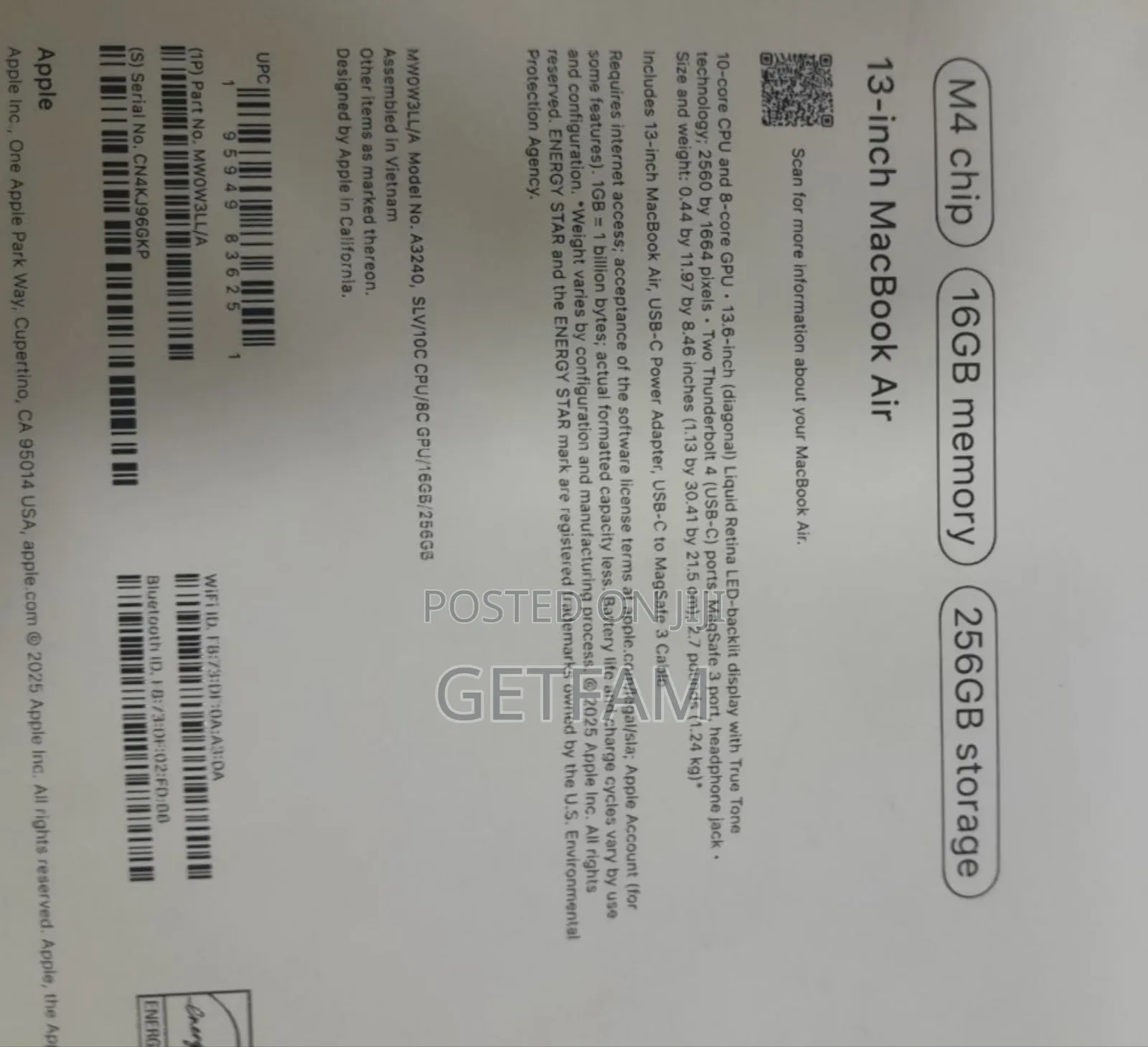 New Laptop Apple MacBook Air 2025 M4 13-inch 16GB Apple M4 SSD 256GB
