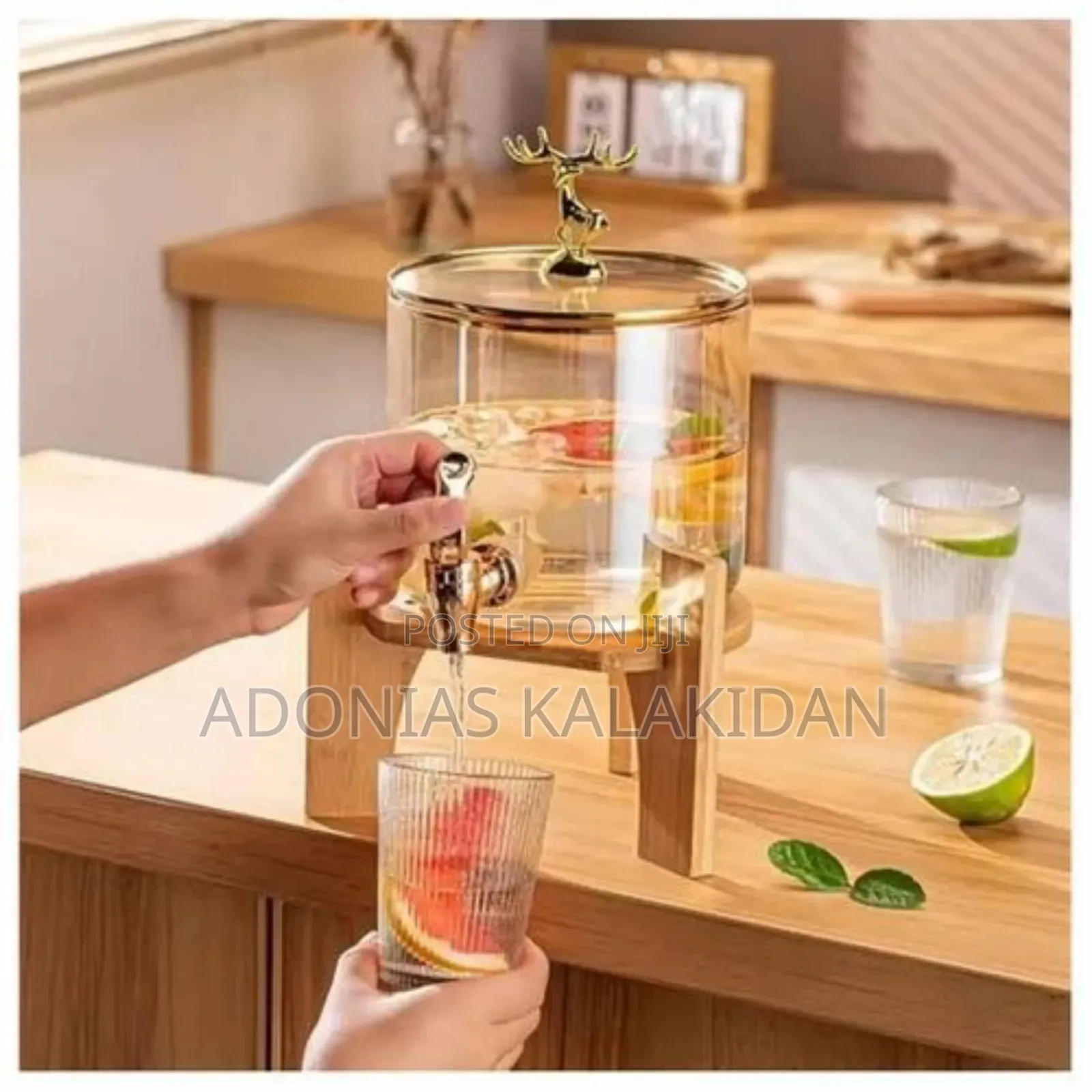 Glass Dispenser Jar With Bamboo Stand and 6 Drinking Glasses