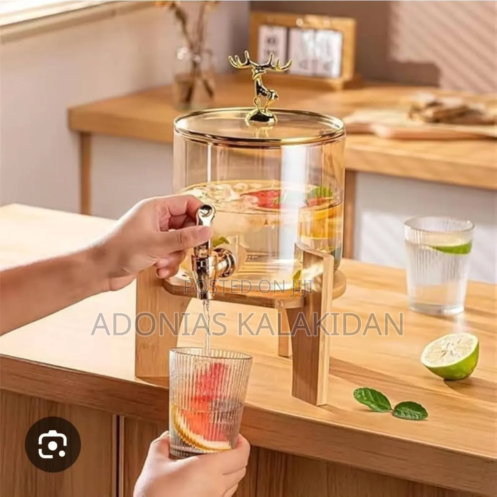 Glass Dispenser Jar With Bamboo Stand and 6 Drinking Glasses