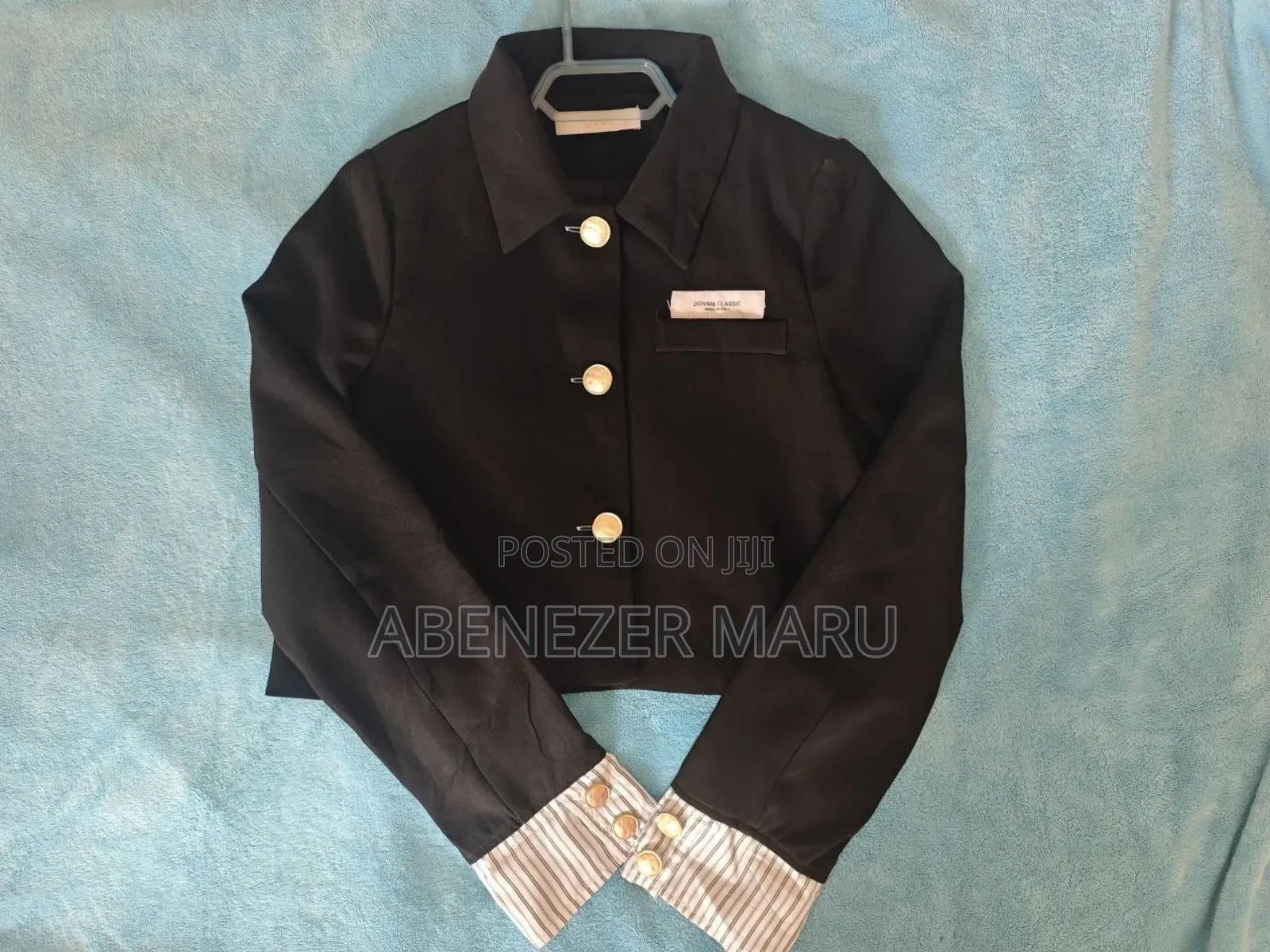 Denim Classic Black Cropped Blazer With Striped Cuffs