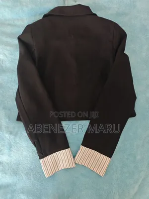 Denim Classic Black Cropped Blazer With Striped Cuffs