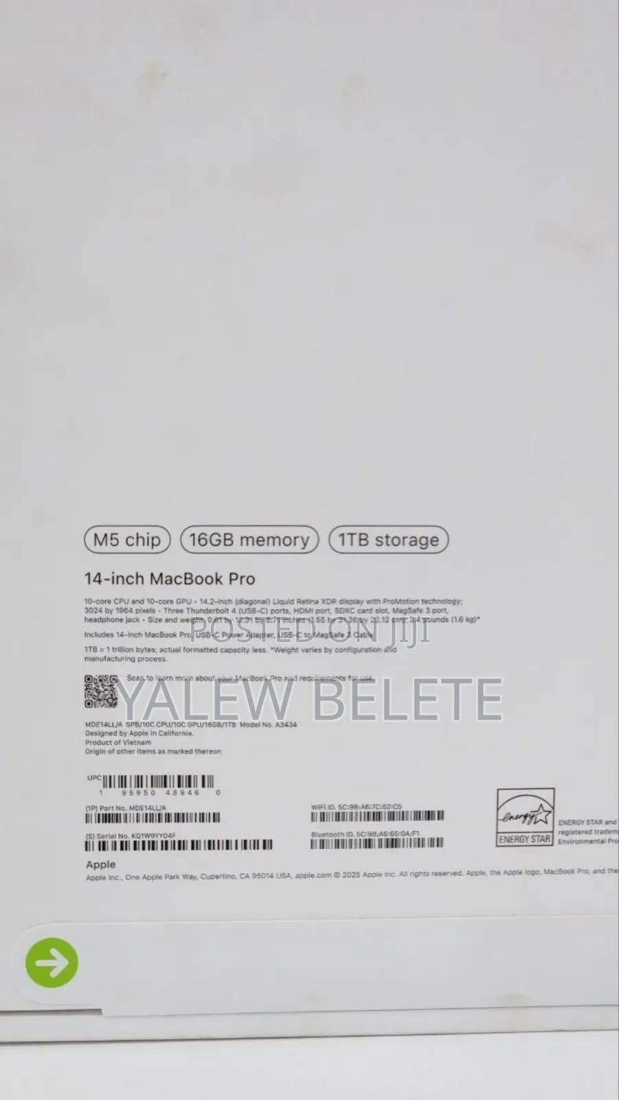New Laptop Apple MacBook Pro 16GB Apple M5 SSD 1T