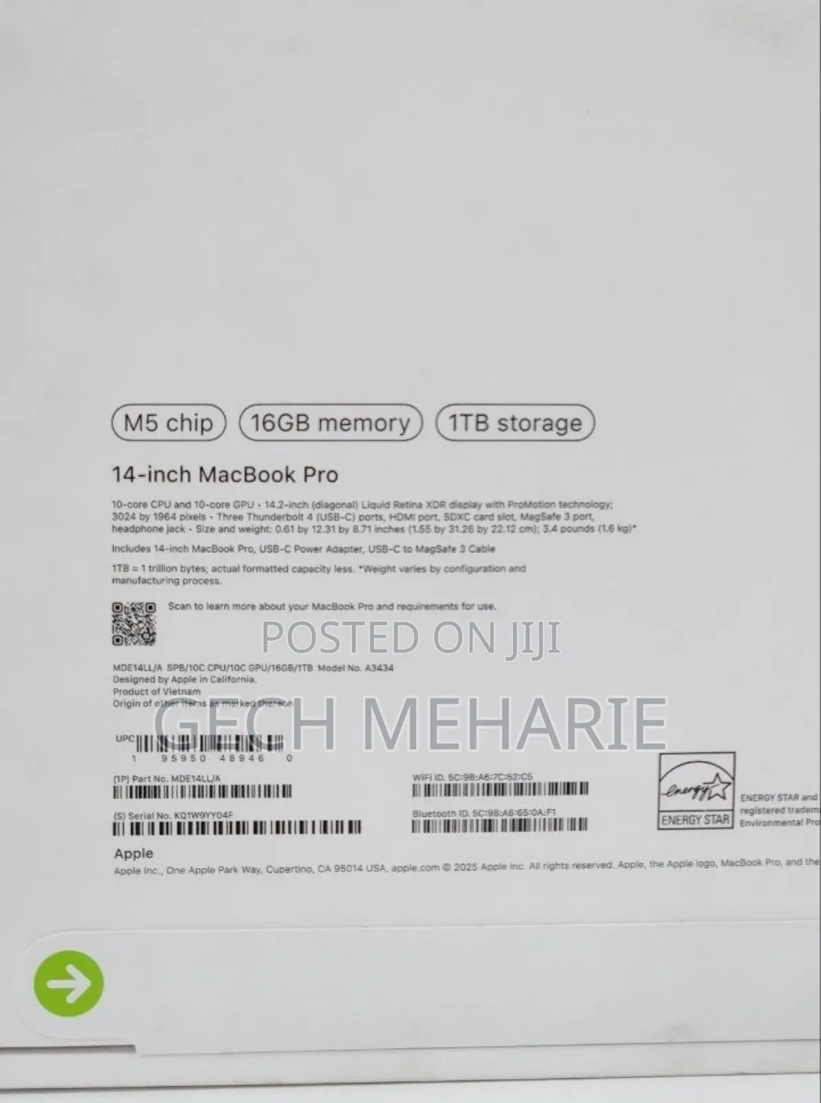 New Laptop Apple MacBook Pro 2025 M5 14-inch 16GB Apple M5 Pro SSD 1T