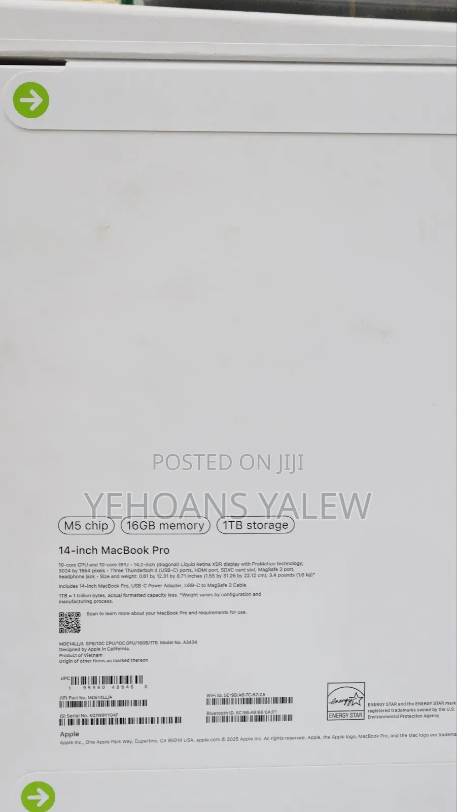 New Laptop Apple MacBook Pro 2025 M5 14-inch 16GB Apple M5 Pro SSD 1T