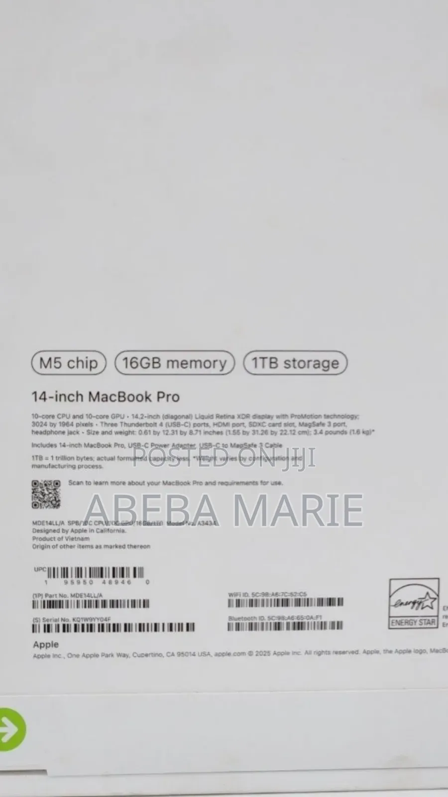 New Laptop Apple MacBook Pro 2025 M5 14-inch 16GB Apple M5 Pro SSD 1T