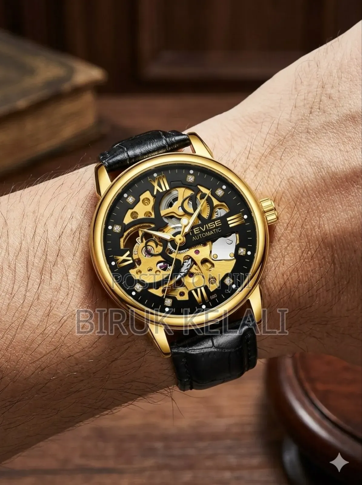 Tevise Men's Automatic Mechanical Skeleton Watch, Featured With Gold