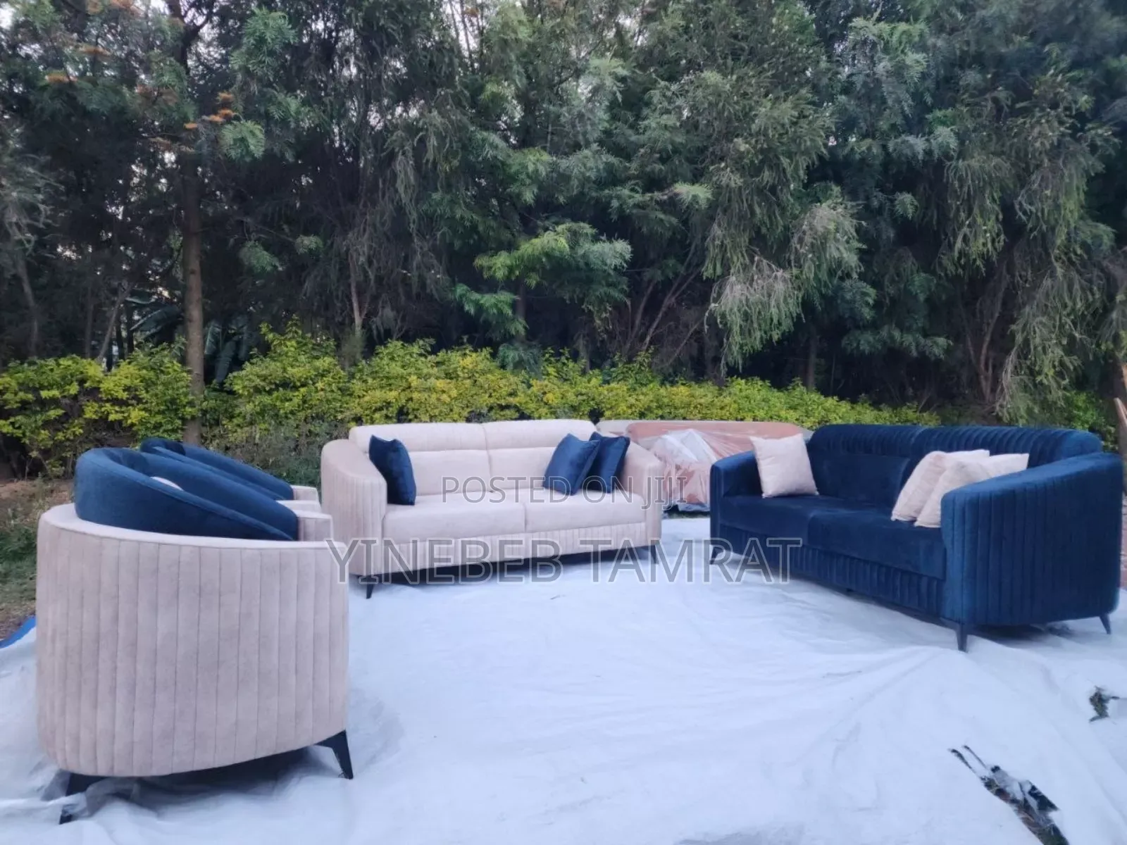 Luxury Modern Curved Velvet Sofa Set – (Blue Beige)