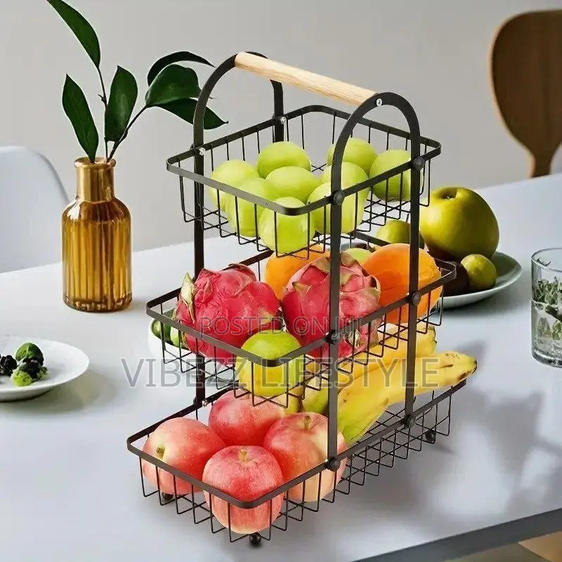 3-Tier Metal Fruit Basket With Wooden Handle - Kitchen Organizer