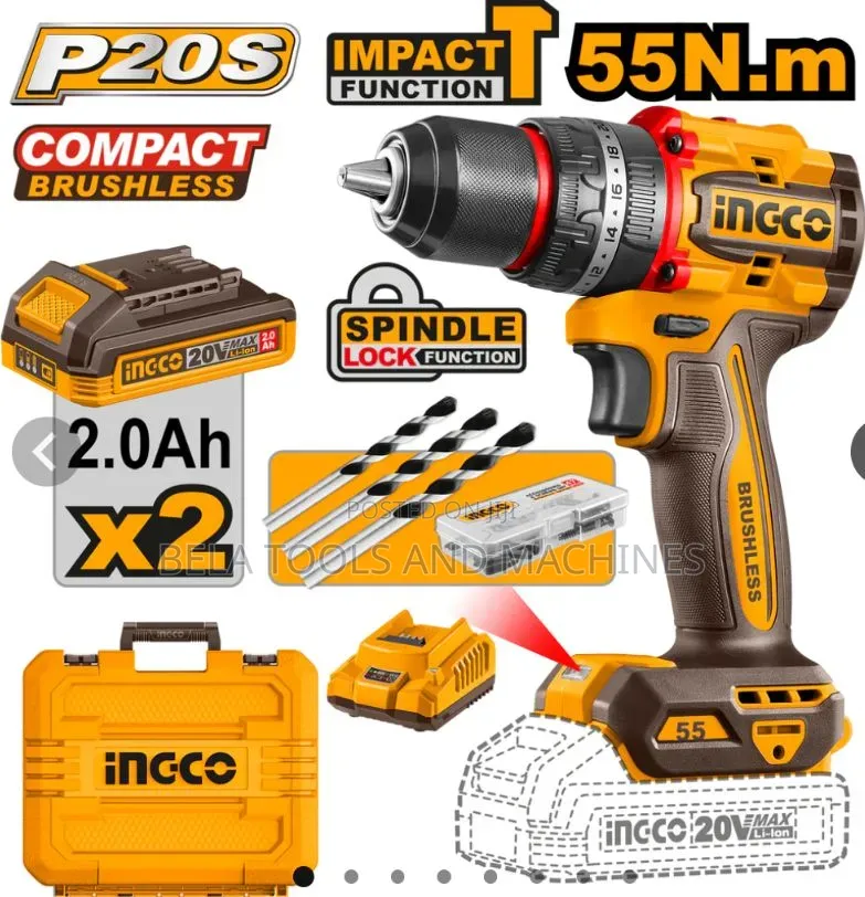 Ingco Cordless Brushless Drill 20v 55nm Chargeable Drill