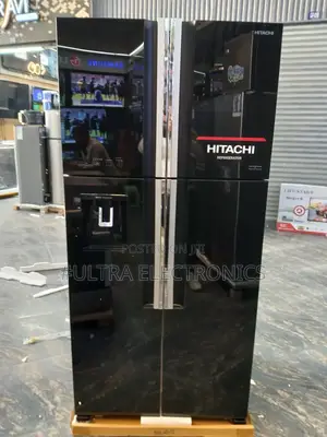 Hitachi 4-Door French Door Refrigerator Featuring a Sleek Black Glass