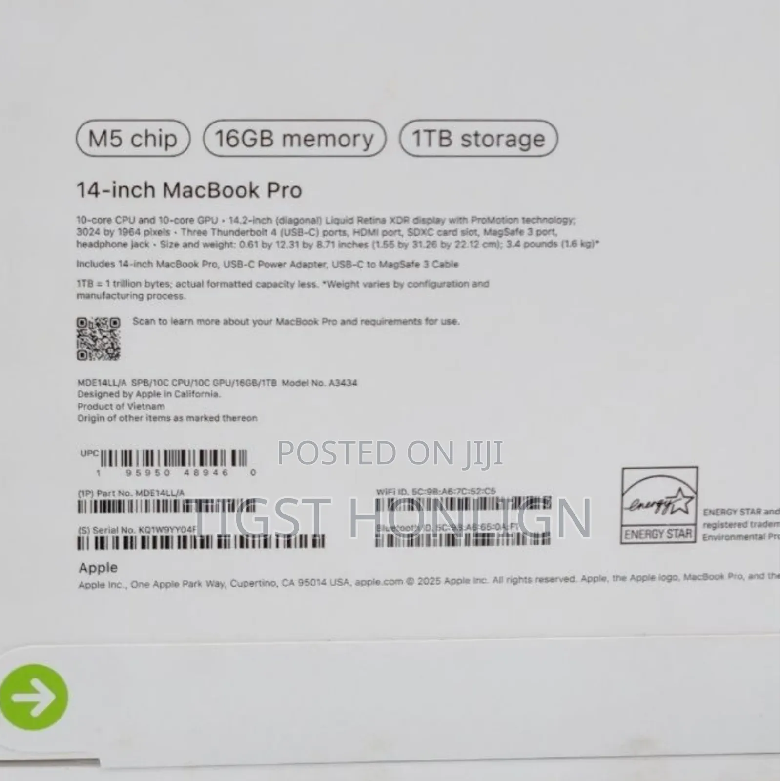 New Laptop Apple MacBook Pro 2025 M5 14-inch 16GB Apple M5 Pro SSD 1T