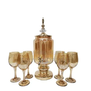 Honey Amber Glass Fountain With Complete Stemware Service for Six