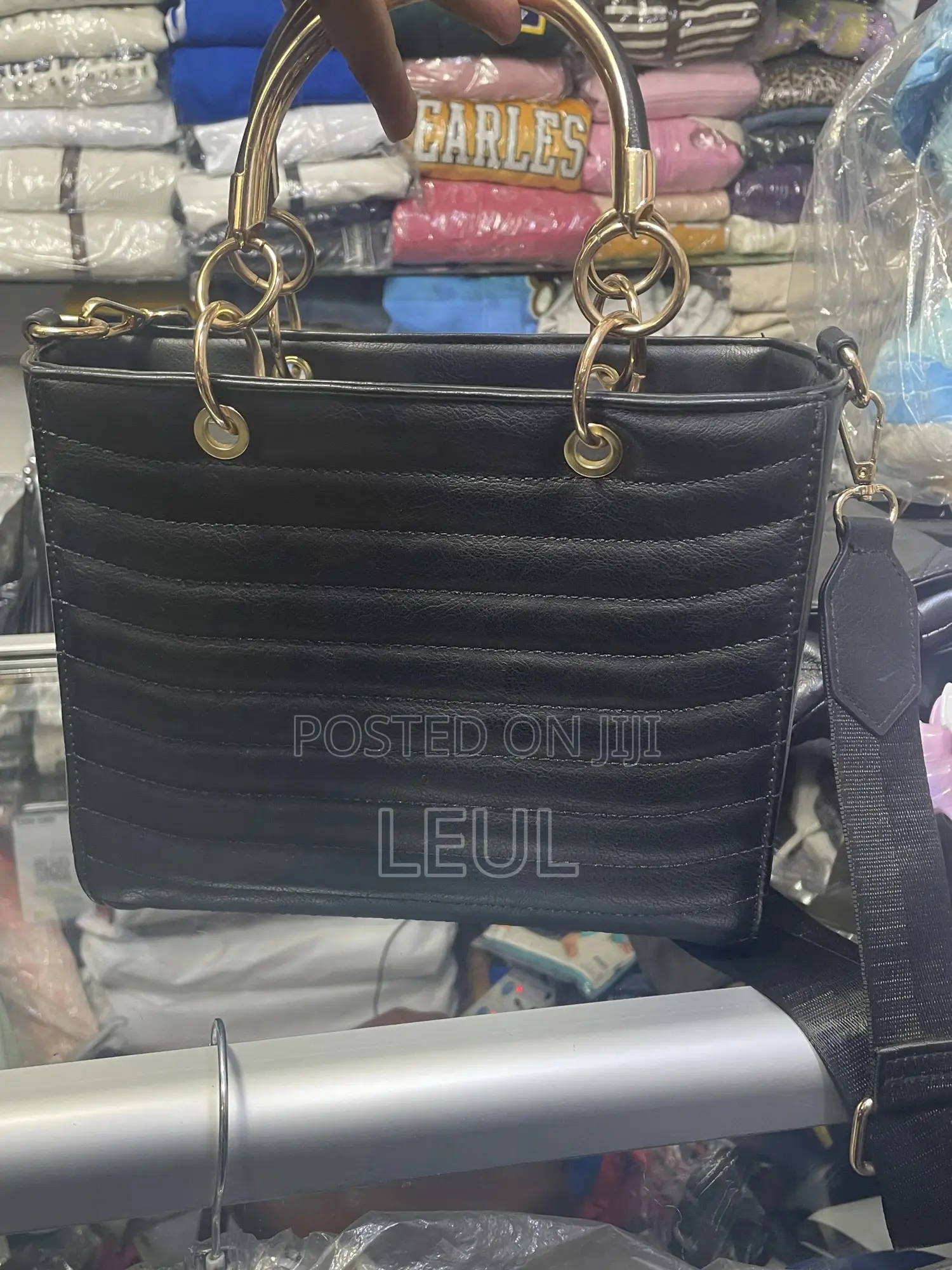 Elegant Black Lady-Style Handbag - Gold Metal Handles