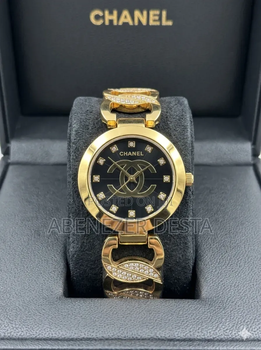 Gold-Plated Chanel Women's Watch With a Black Face,