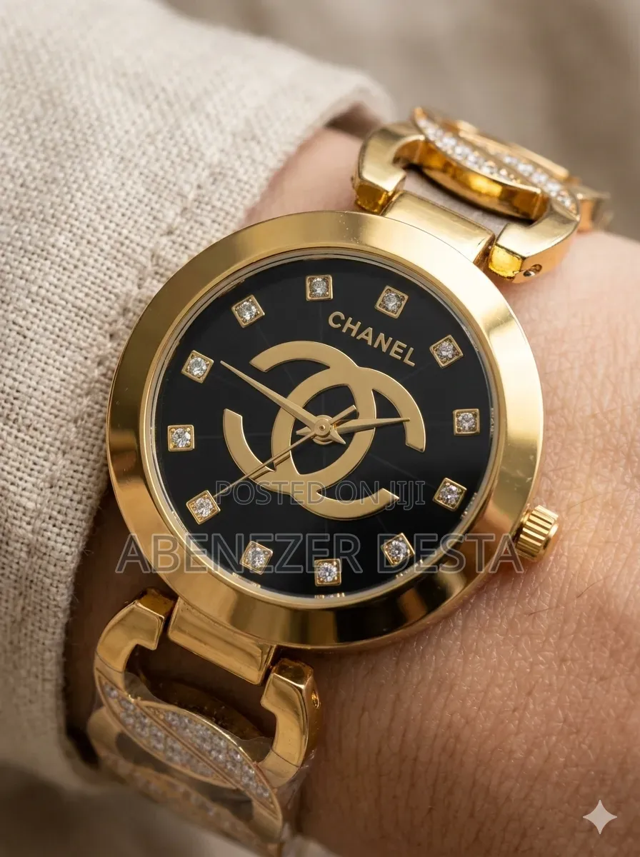 Gold-Plated Chanel Women's Watch With a Black Face,