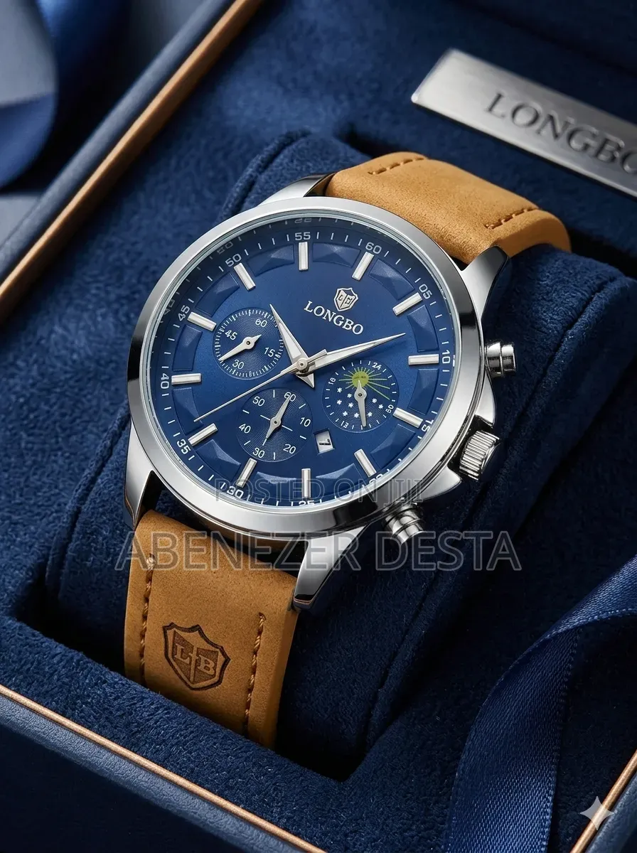 Longbo Brand Wristwatch Featuring a Blue Analog Dial With Chronograph