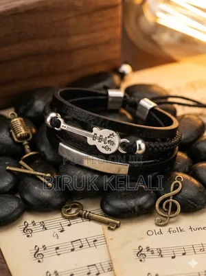 Multi-Strand Black Leather Bracelet Featuring a Stainless Steel
