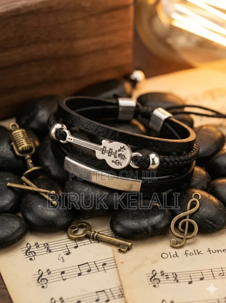 Multi-Strand Black Leather Bracelet Featuring a Stainless Steel
