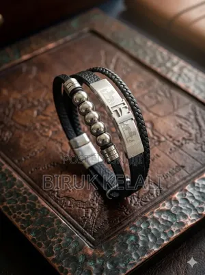 Multi-Strand Black Leather Bracelet Featuring a Stainless Steel