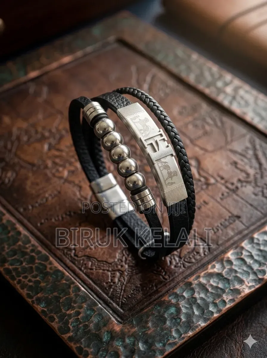 Multi-Strand Black Leather Bracelet Featuring a Stainless Steel