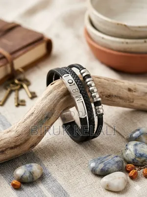 Men's Layered Leather and Stainless Steel Bracelet, Featuring Braided