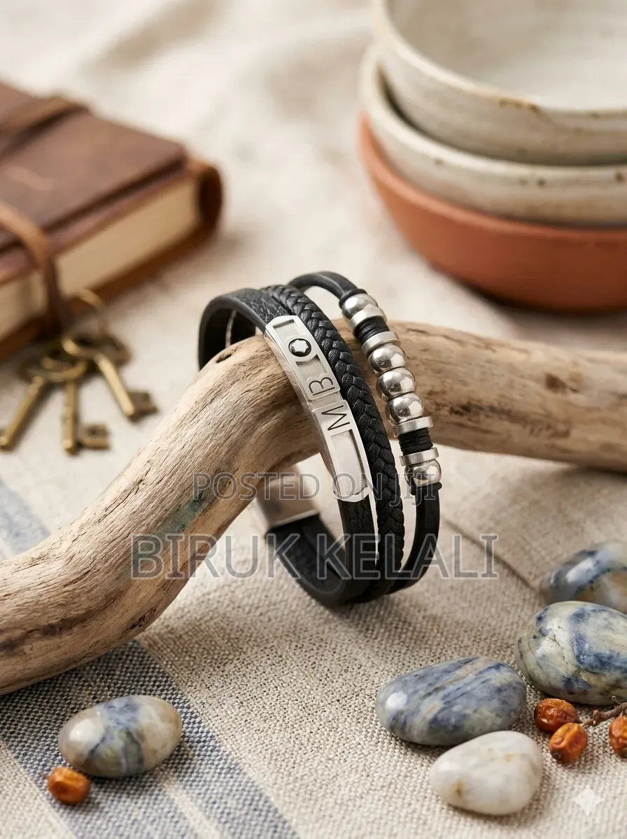 Men's Layered Leather and Stainless Steel Bracelet, Featuring Braided