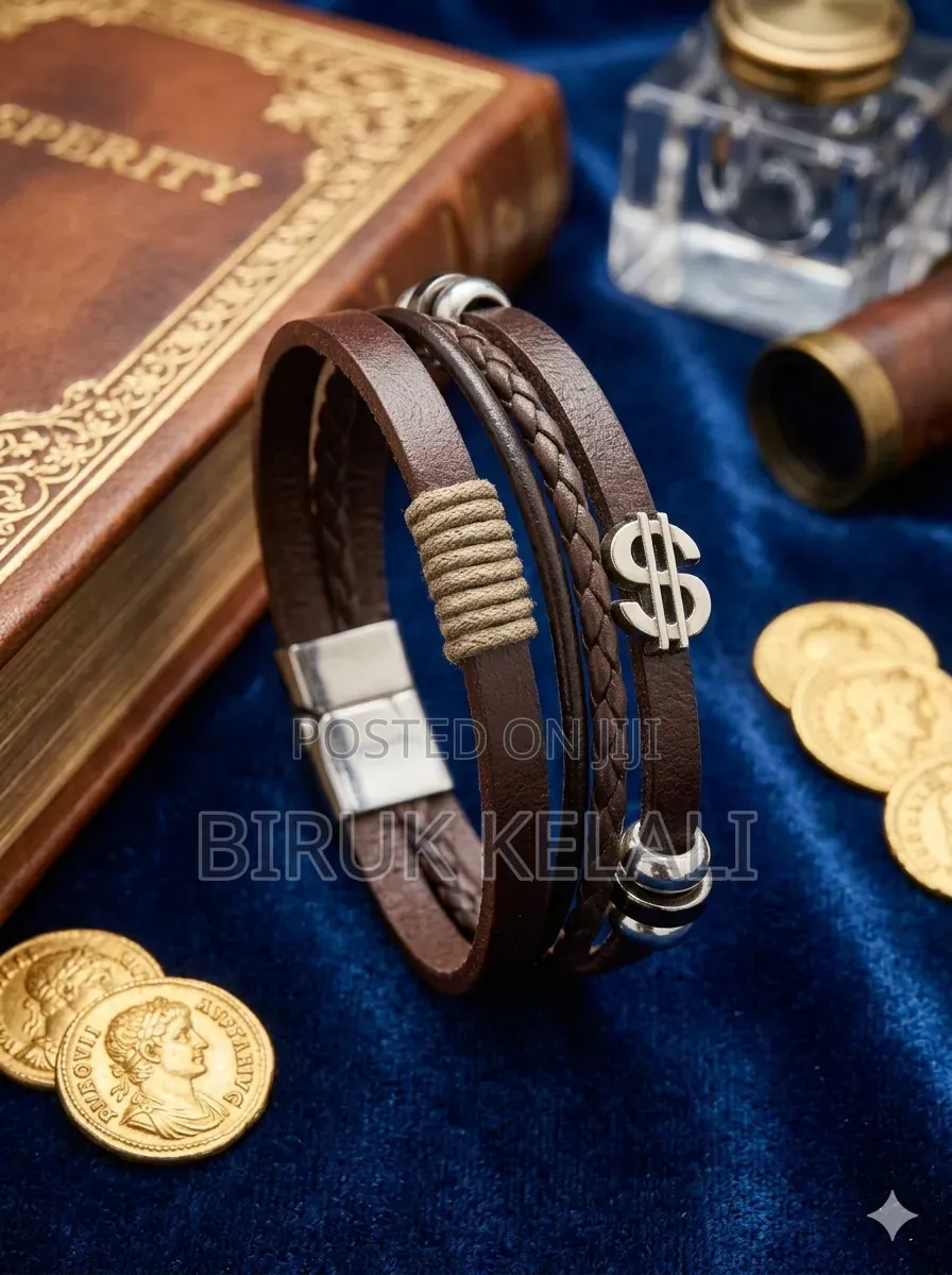 Men's Layered Leather and Stainless Steel Bracelet, Featuring Braided