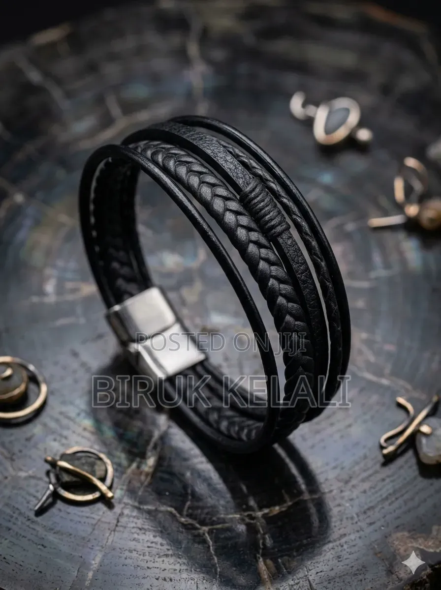 Black Multi-Layer Leather Bracelet for Men, Featuring Stainless Steel