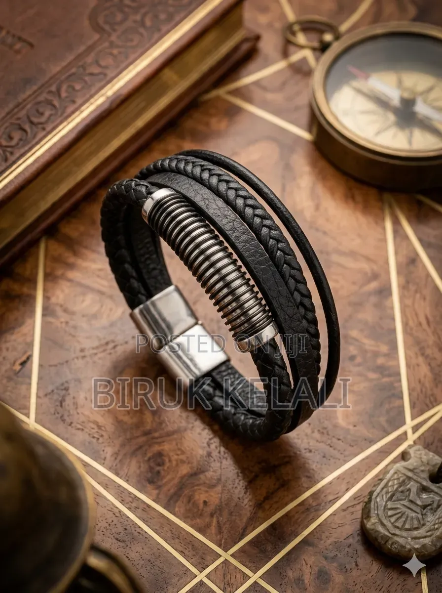 Men's Studio 1913 Black Leather and Stainless Steel Triple Strand