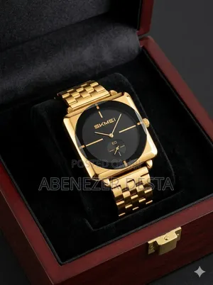 Gold and Black Square Analog Wristwatch Is the Skmei 2413 Model