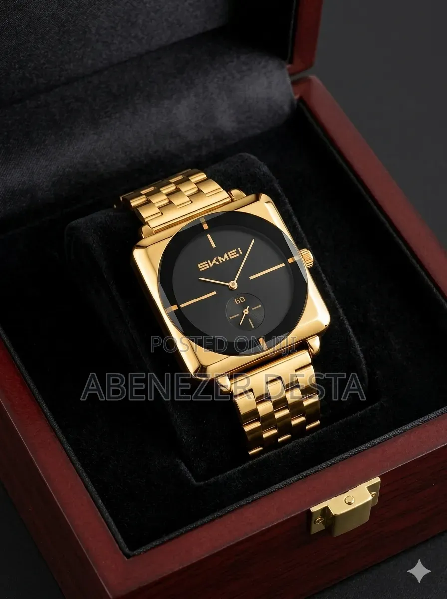 Gold and Black Square Analog Wristwatch Is the Skmei 2413 Model