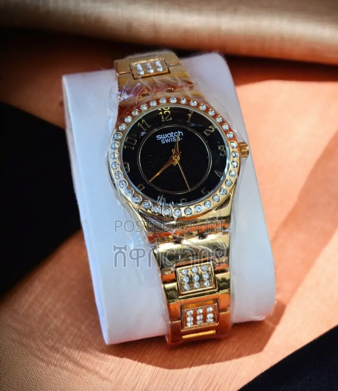 Original Swatch Gold Women's Watch - Black Dial Crystals