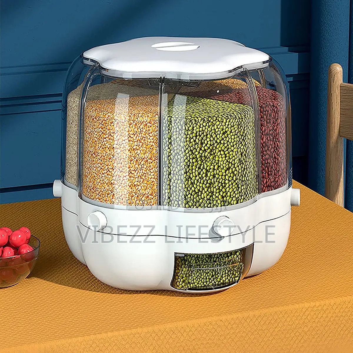360° Rotating 6-Grid Grain Dispenser (የጥራጥሬ ማጠራቀሚያ) Kitchen Organizer