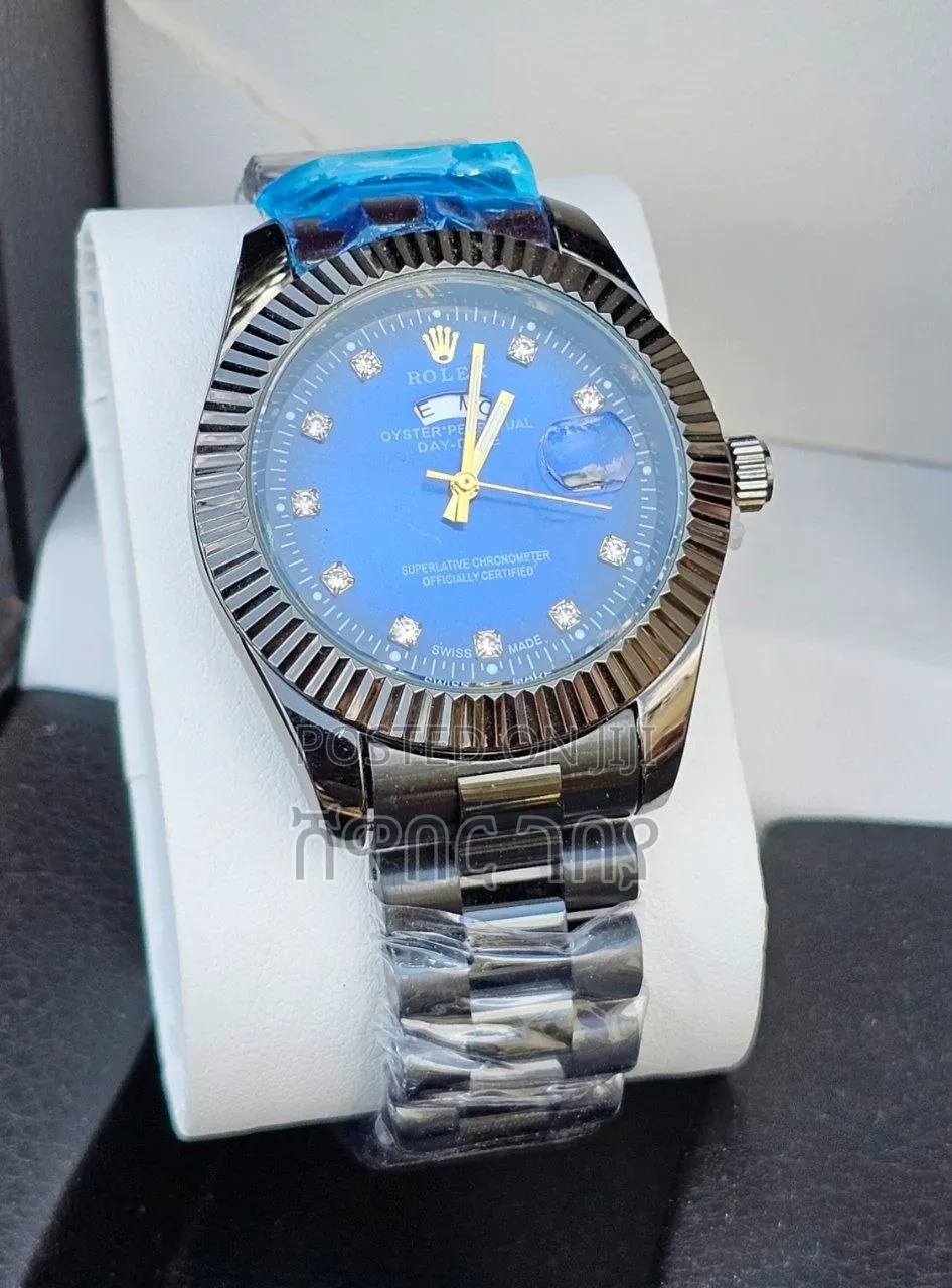Elegant Rolex Day-Date Blue Dial Black Steel Men's Watch
