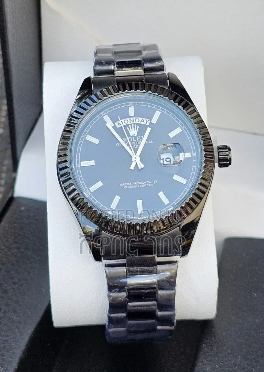 Men's Rolex Day-Date Black Steel Watch With Luminous Dial