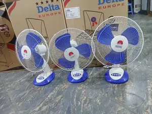 Crown 16-Inch Desk Fans, Featuring Blue Blades and a White Body.