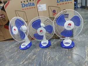 Crown 16-Inch Desk Fans, Featuring Blue Blades and a White Body.