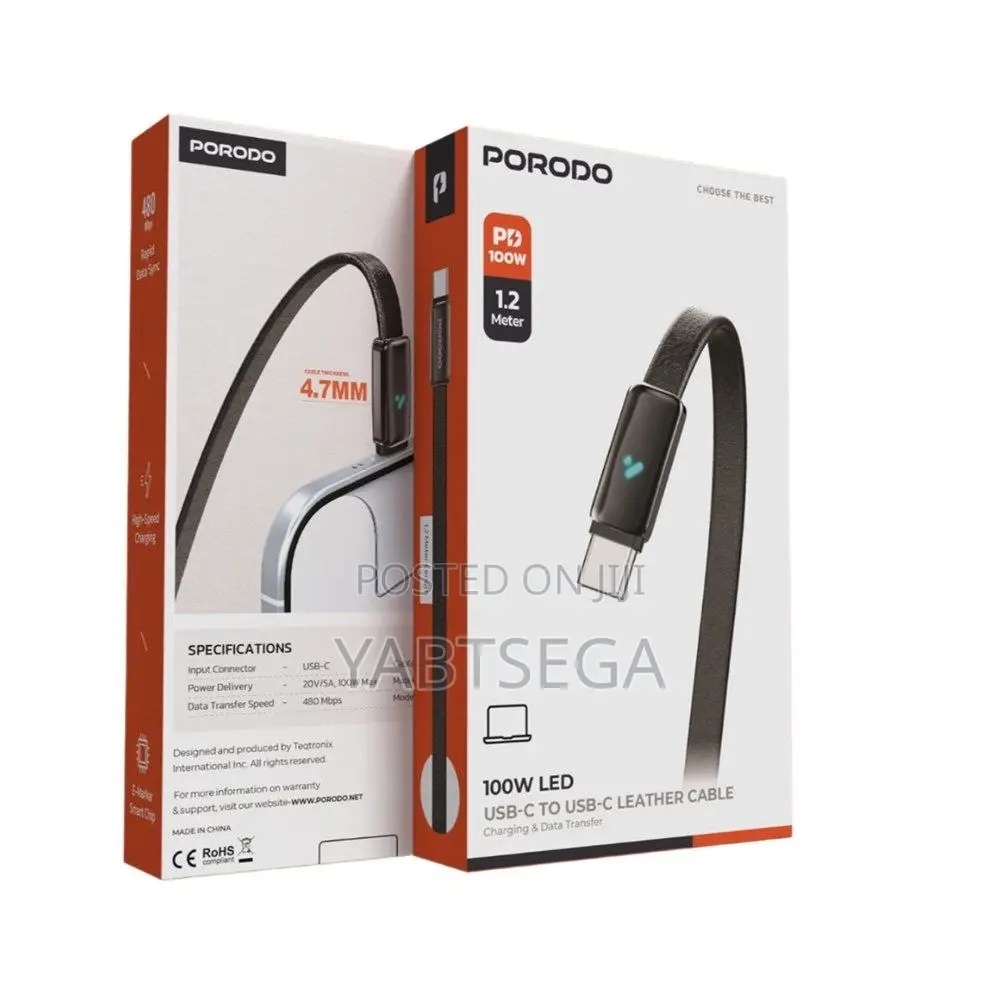 Porodo 100w Led Usb-C to Usb-C Leather Cable