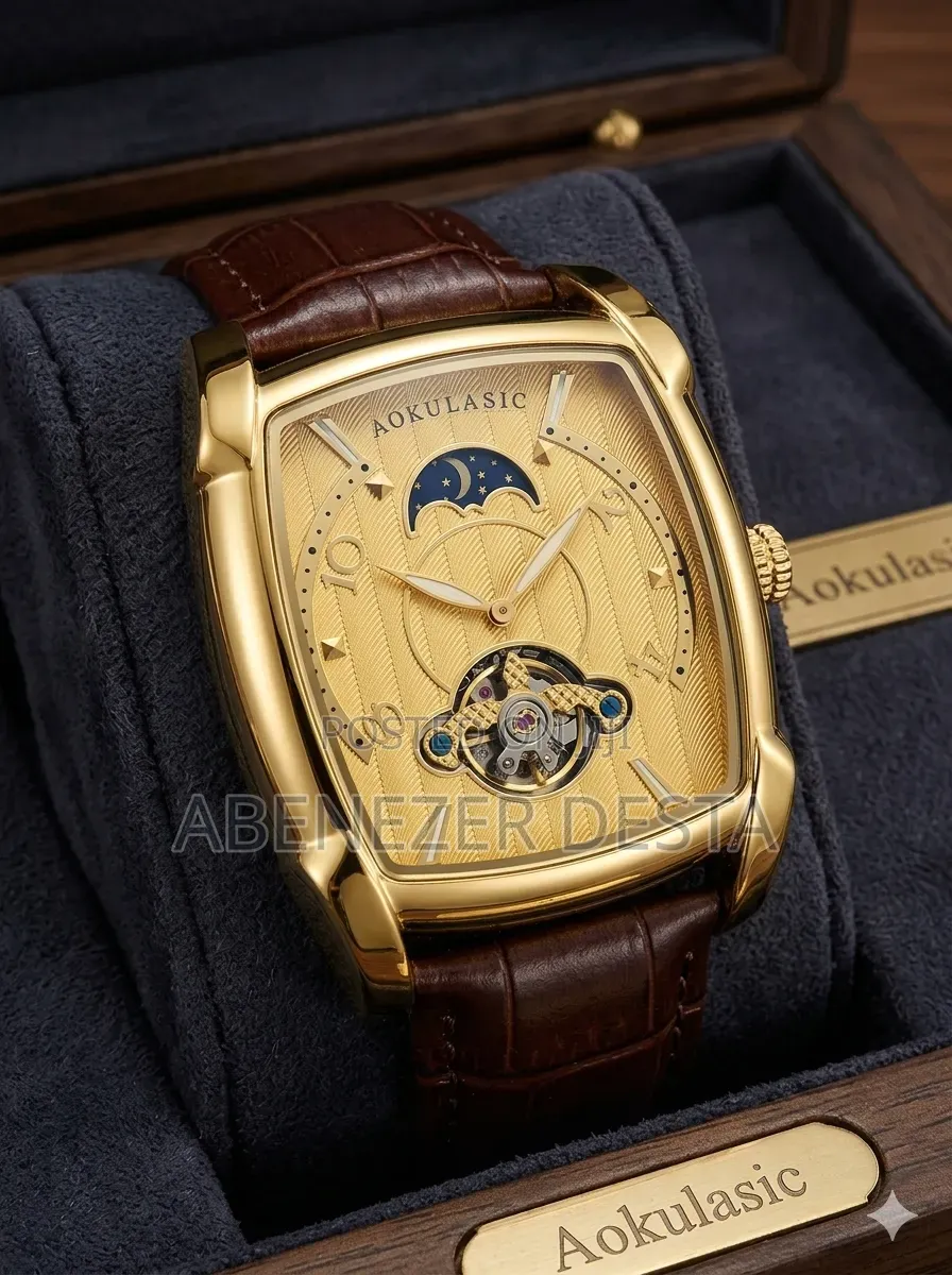 Brand Automatic Mechanical Watch Features a Tonneau-Shaped Gold Case,