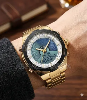 Gold-toned Analog-digital Wristwatch Appears To Be A Dual-time Model L