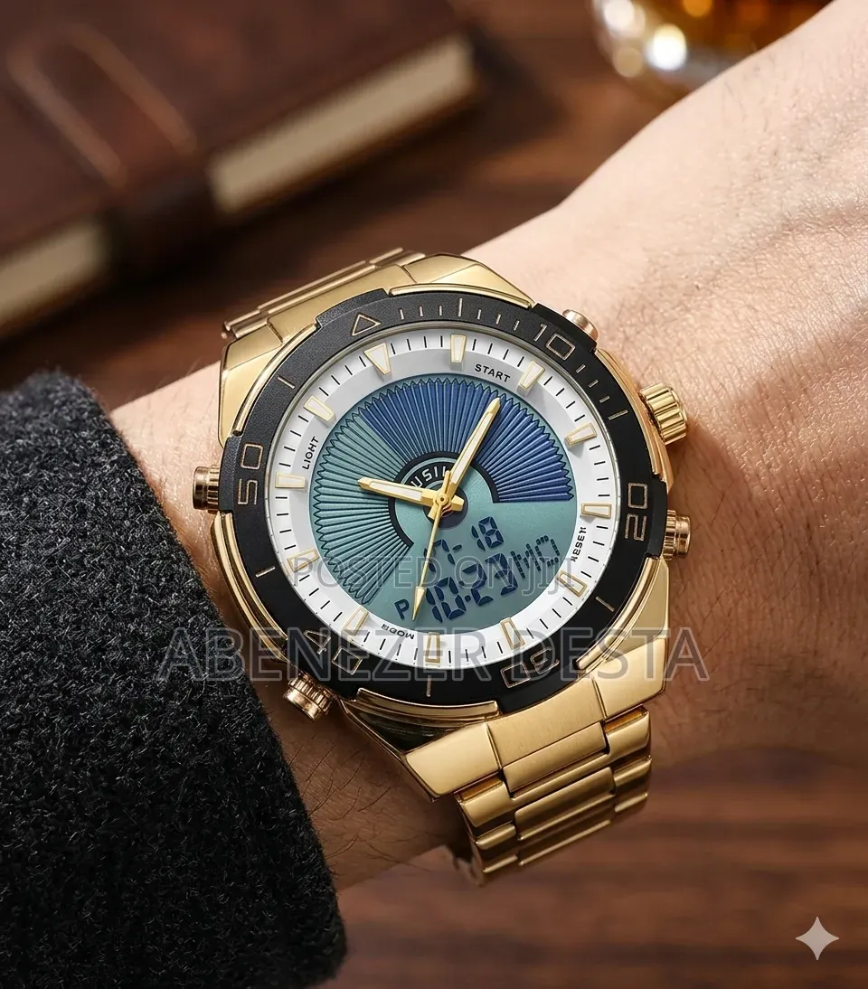 Gold-toned Analog-digital Wristwatch Appears To Be A Dual-time Model L