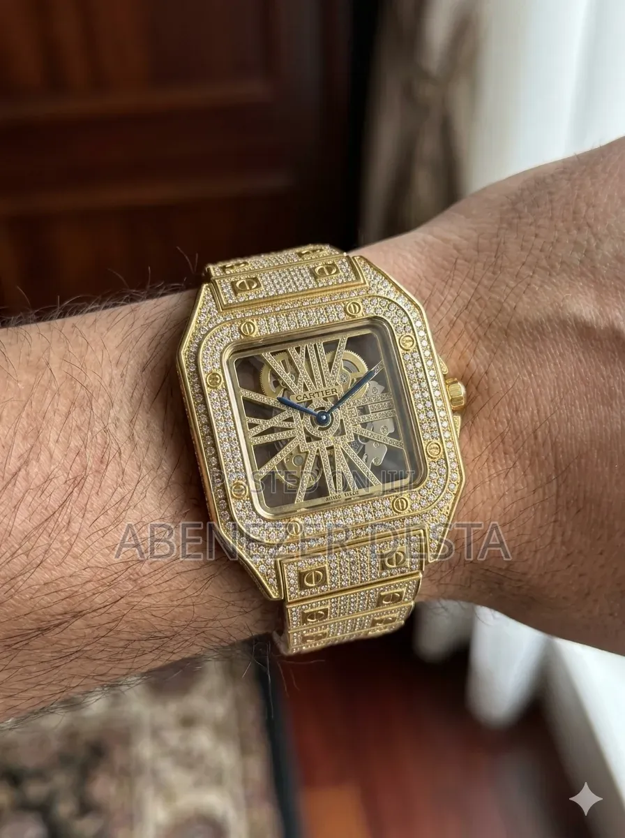Gold-Tone, "Iced Out" Luxury- Style Watch Featuring a Square Case