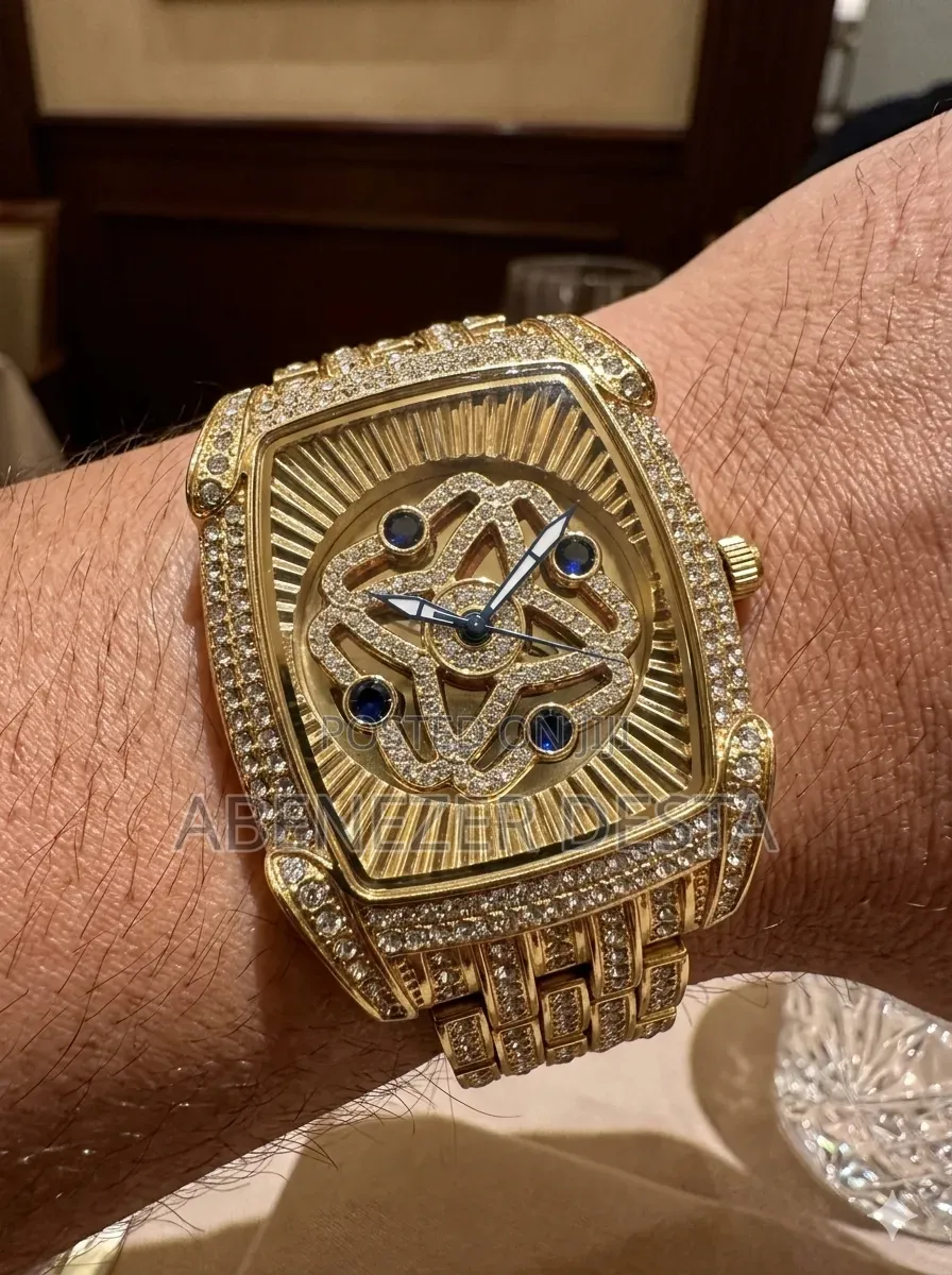Gold-Tone, "Iced Out" Luxury- Style Watch Featuring a Square Case